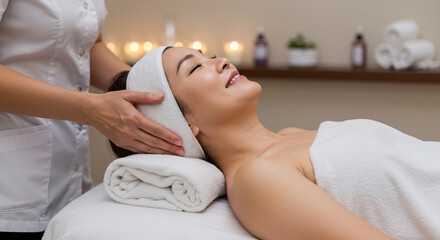 Woman receiving a facial massage in a spa with a white towel and headband lying on a massage table