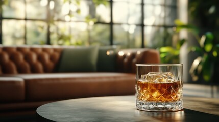 A beautifully presented glass of whiskey sits on a stylish table, inviting warmth and comfort, evoking a sense of relaxation and sophistication in a cozy environment.