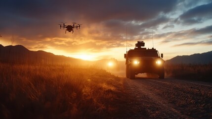 Fototapeta premium A military vehicle and drone are silhouetted against a dramatic sunset, highlighting themes of technology, strategy, and the balance between nature and machinery.