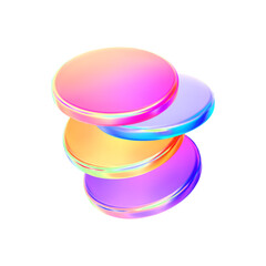 Set 3d hologram colorful disk liquid glass effect. Flying fluid pink, blue, yellow light glossy podium in row. Coin neon gradient. Holographic glass cylinder, disc, round shape. Vector illustration