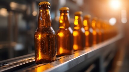 A series of amber bottles glistening on a production line, showcasing the process of beverage manufacturing with a warm glow from the surrounding light.