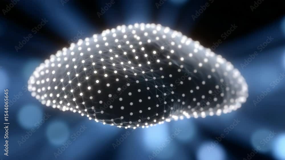 Poster Network Node in Cyberspace: A futuristic, abstract representation of a network node, depicted as a dark grey, organic form studded with glowing white points of light.