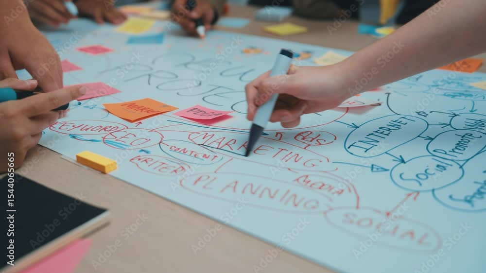 Poster dynamic workspace showcasing a collaborative brainstorming session with sticky notes and handwritten