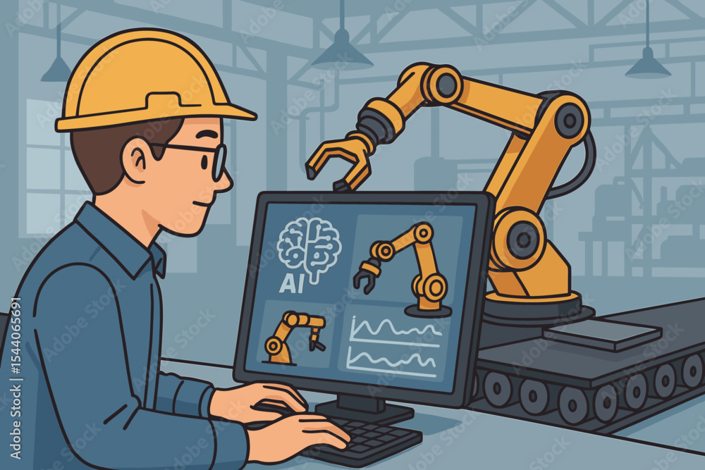 Aufkleber industrial engineer with hard hat operating ai powered robotic arm in smart factory, automation tech