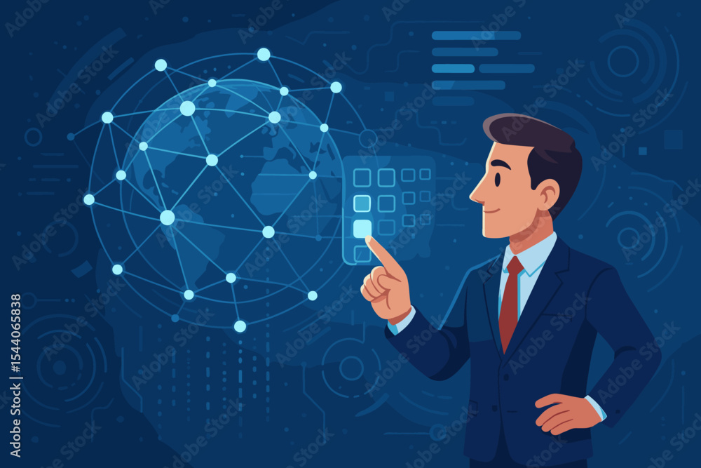 Aufkleber businessman touching digital global network interface. big data sorting, internet connectivity, tech
