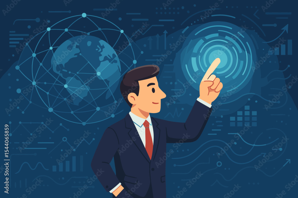 Poster businessman touching virtual interface, big data analytics concept. global network connection, futur