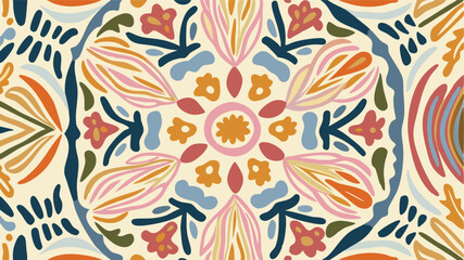 Naklejka premium Colorful floral mandala with stylized petals and abstract shapes in a circular arrangement design