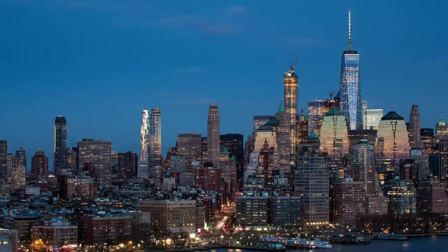 Time-lapse pf Cityscape view of new york city skyline with skyscrapers at dusk or dawn light