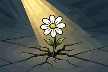 Metaphor for hope, resilience, and strength. Single flower growing from a crack in concrete. Concept of new life, perseverance, and survival against adversity. Cartoon vector.