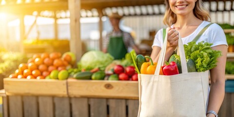 Woman carrying a reusable bag filled with fresh vegetables at a sunny farmer's market during the afternoon