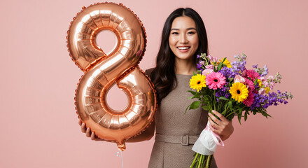 A smiling woman holding a bouquet of flowers and a rose gold number eight balloon on pink background