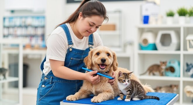 Young woman veterinarian in blue apron brushing golden retriever puppy with kitten on examination table clinic. Professional pet grooming care service. Animal healthcare concept banner horizontal