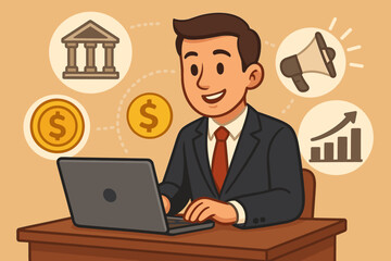 Businessman working at laptop with online banking finance icons, digital marketing, coins, bank building, growth chart, vector cartoon illustration for fintech, business strategy, investment concept