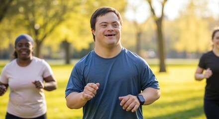 Smiling man with down syndrome in blue t-shirt running outdoors park with diverse group golden hour. Active person fitness exercise healthy lifestyle. Disability inclusion concept banner horizontal