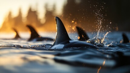 A stunning silhouette of orca fins rises from the surface of the water during a breathtaking sunset, encapsulating the beauty and majesty of marine wildlife in nature.
