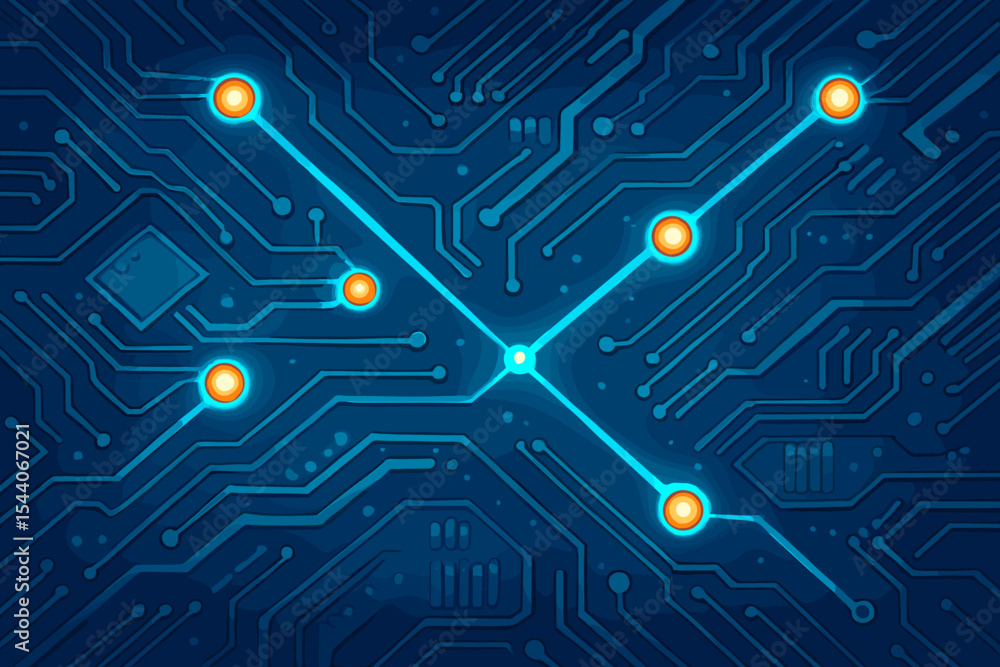 Poster futuristic electronic circuit board with glowing network connections, digital technology background.