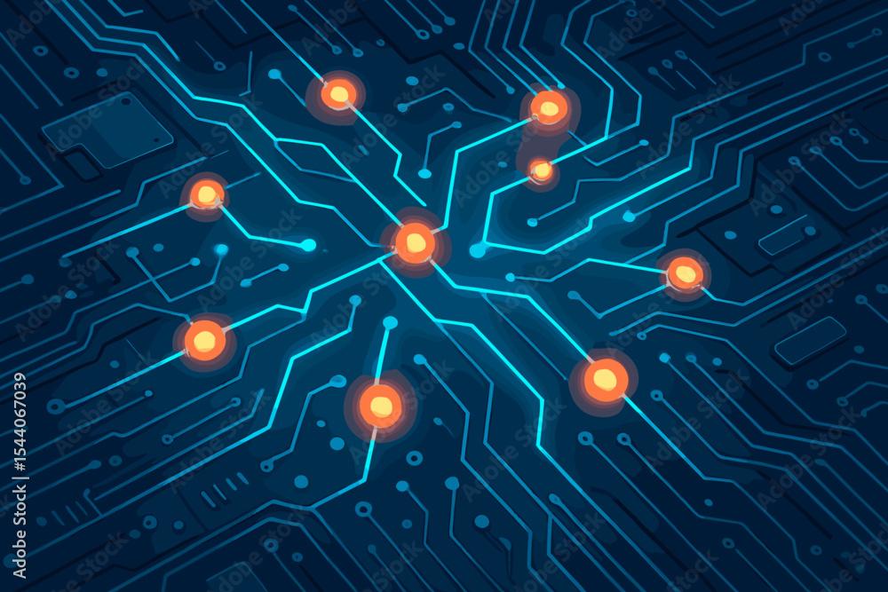 Poster futuristic electronic circuit board with glowing blue traces and orange network connections. high-te