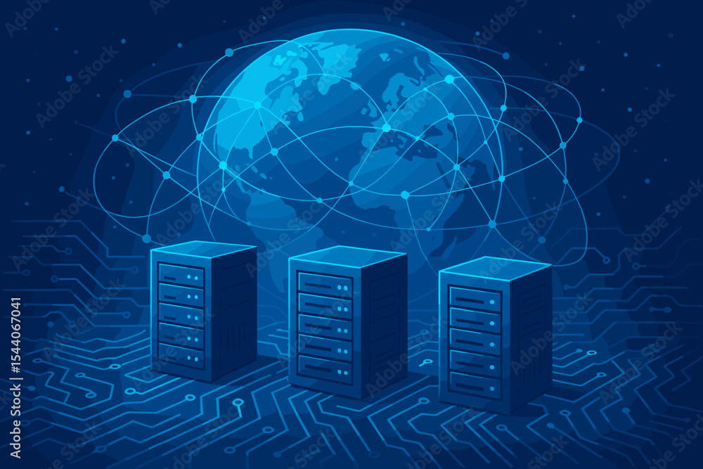 Poster futuristic global data network with interconnected servers, digital world map, glowing blue circuit 