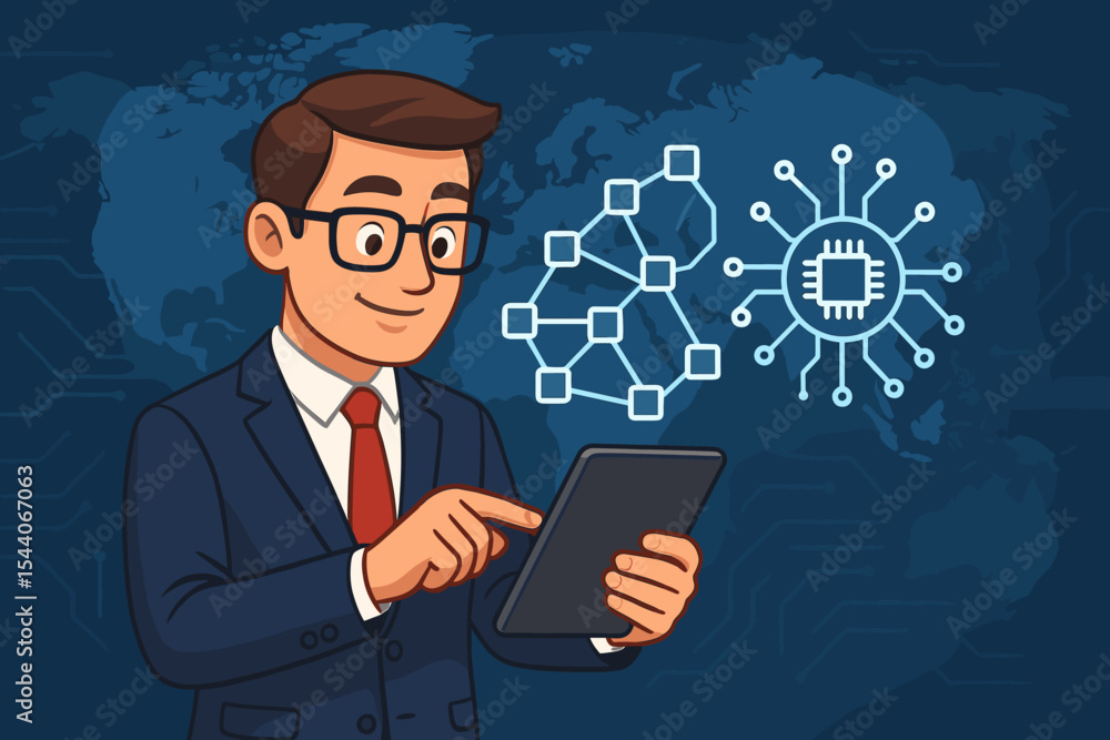 Poster businessman using digital tablet with blockchain network and microchip circuit icons on global virtu