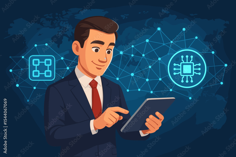 Poster businessman using tablet with blockchain network connections and microchip icon on global virtual ma