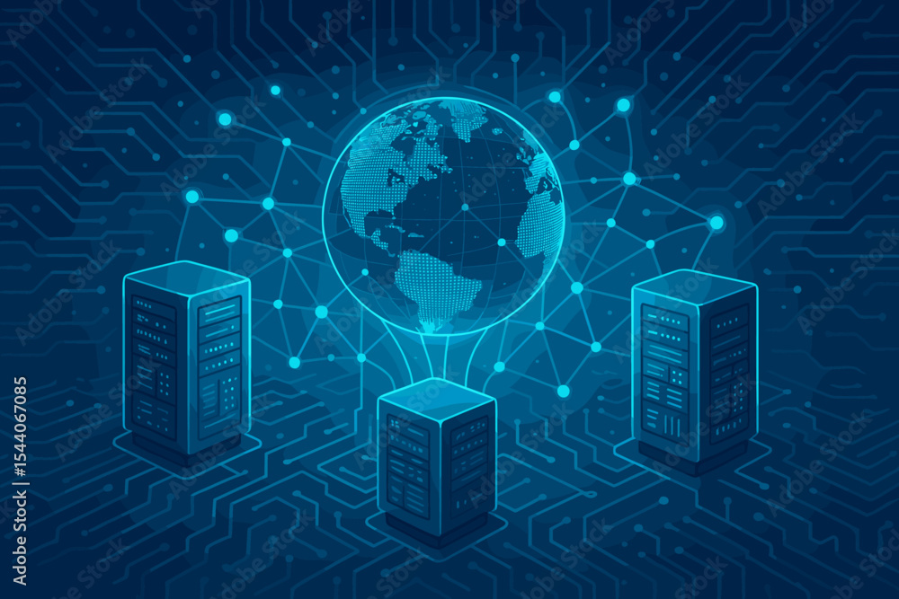 Poster global network connections with data servers, digital earth, circuit board background, cloud computi