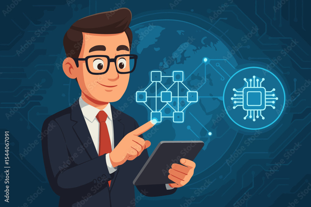 Poster businessman using digital tablet with blockchain network and microchip icon on futuristic global vir