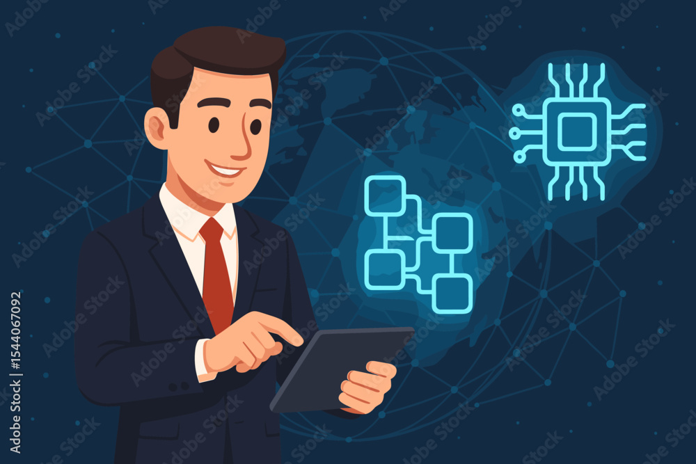 Aufkleber businessman in suit using digital tablet with blockchain network, microchip icon, global virtual con