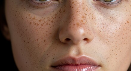Close-up woman face with natural freckles green eyes pink lips. Natural beauty portrait skincare complexion authentic. Dermatology cosmetics 