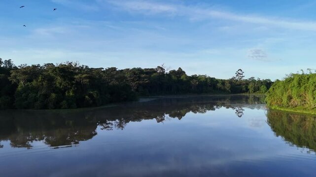 Drone flyover of Dimbolil Dam in Kericho, Kenya, revealing a winding river and calm water