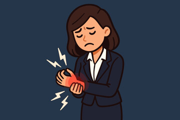 Businesswoman with Wrist Pain, Hand Injury, Red Inflammation, Suffering from Carpal Tunnel Syndrome or Arthritis, Stress and Strain Concept, Office Work Health Issue, Vector Cartoon Illustration