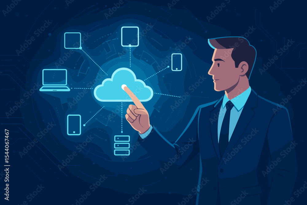 Poster businessman touches cloud computing network. futuristic technology concept. data synchronization, di