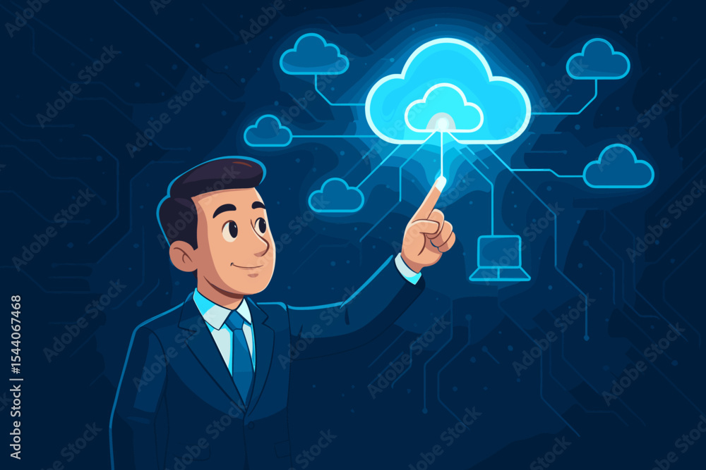 Poster businessman touching cloud computing network interface. futuristic technology, digital transformatio