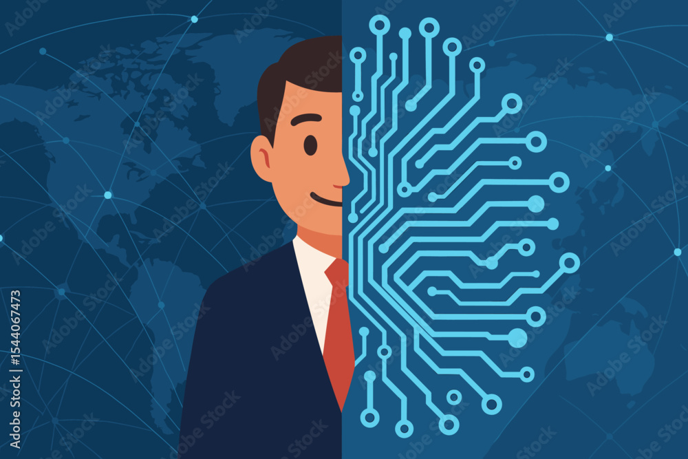 Poster businessman merging with ai circuit board on global network background. digital transformation, tech