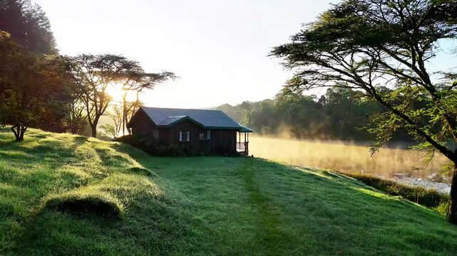 Drone flyover at sunrise capturing Dimbolil Dam cabin in Kericho, Kenya, glowing softly