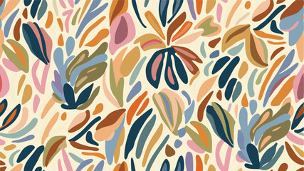 Aesthetic pattern featuring abstract floral and leaf shapes in a variety of muted earth tone colors
