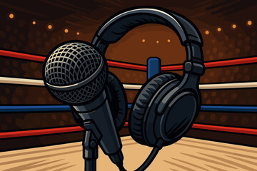 Boxing announcer microphone and headphones close-up in stadium ring. Sports broadcast audio equipment. Arena lights. Sportscaster commentary concept. Vector cartoon illustration. No text