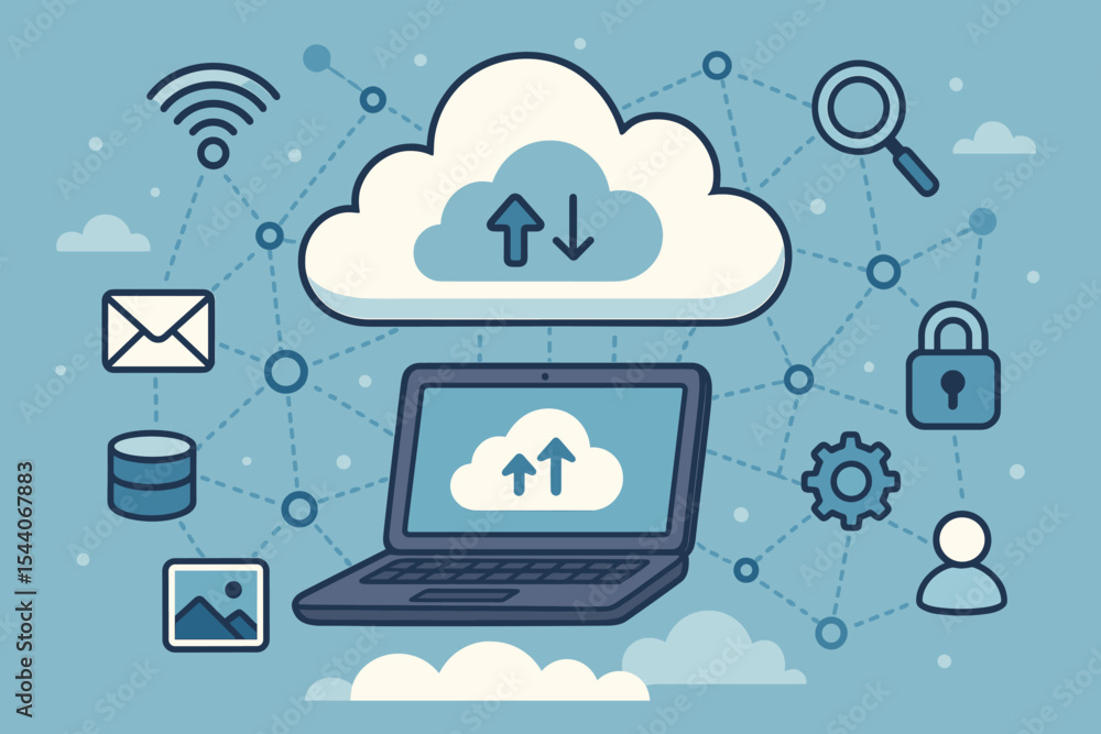 Poster cloud computing data storage and network connection concept. laptop with cloud upload and download. 