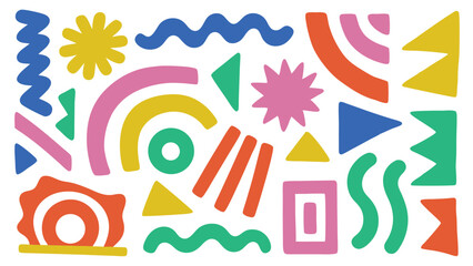 Fototapeta premium Colorful abstract shapes composition featuring diverse geometric forms and vibrant hues on white background