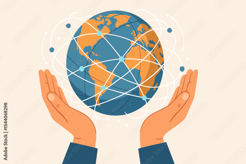 Poster global data network connection in human hands. worldwide internet communication, digital technology 