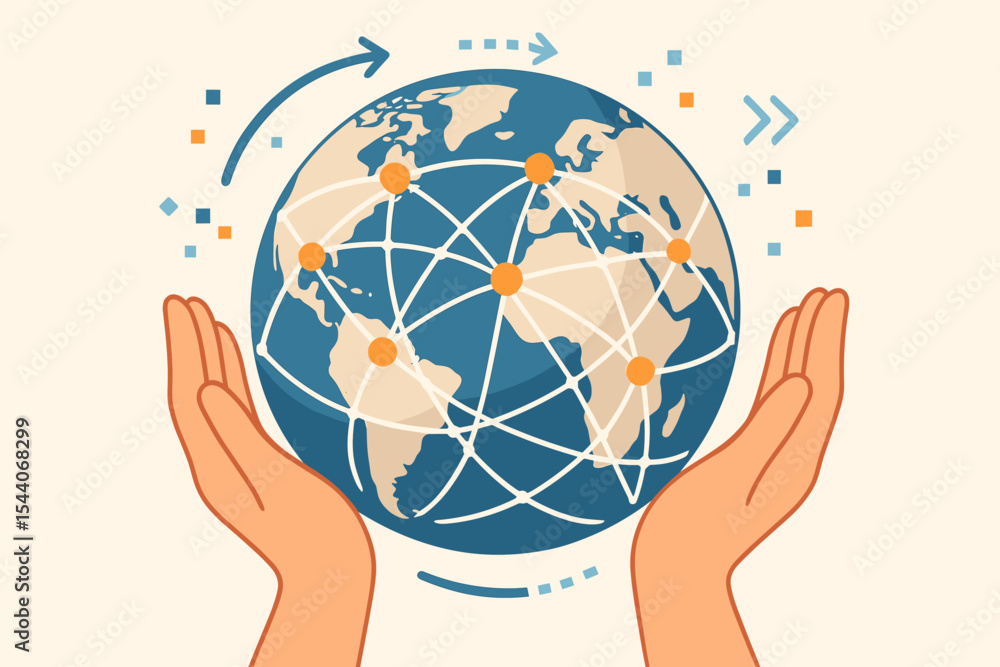 Poster global network connectivity concept with interconnected world map, data exchange, international comm