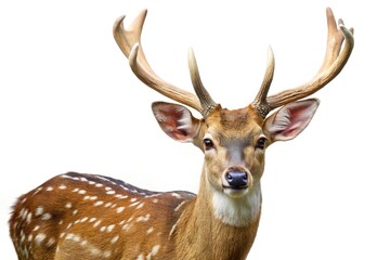 Closeup portrait of a male axis deer with antlers on white background