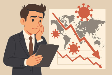 Worried Businessman Analyzing COVID-19 Economic Crisis Global Market Crash, Virus Impact, Downward Trend, Financial Recession, Pandemic Economy, Vector Illustration, World Map, Falling Graph
