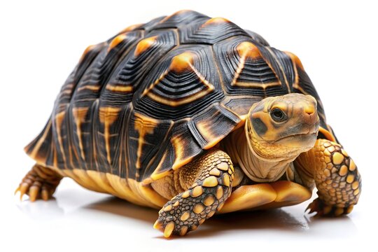Closeup of a yellow footed tortoise on white background
