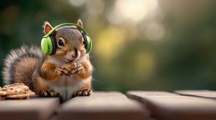 A playful squirrel wearing green headphones holds a cookie, set against a blurred background, blending humor and cuteness to capture the imagination and delight of viewers.