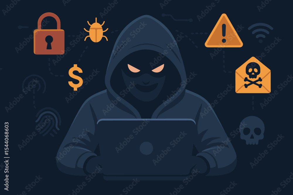 Poster mysterious hacker in hoodie using laptop, cyber attack, hacking, malware bug, phishing scam, identit