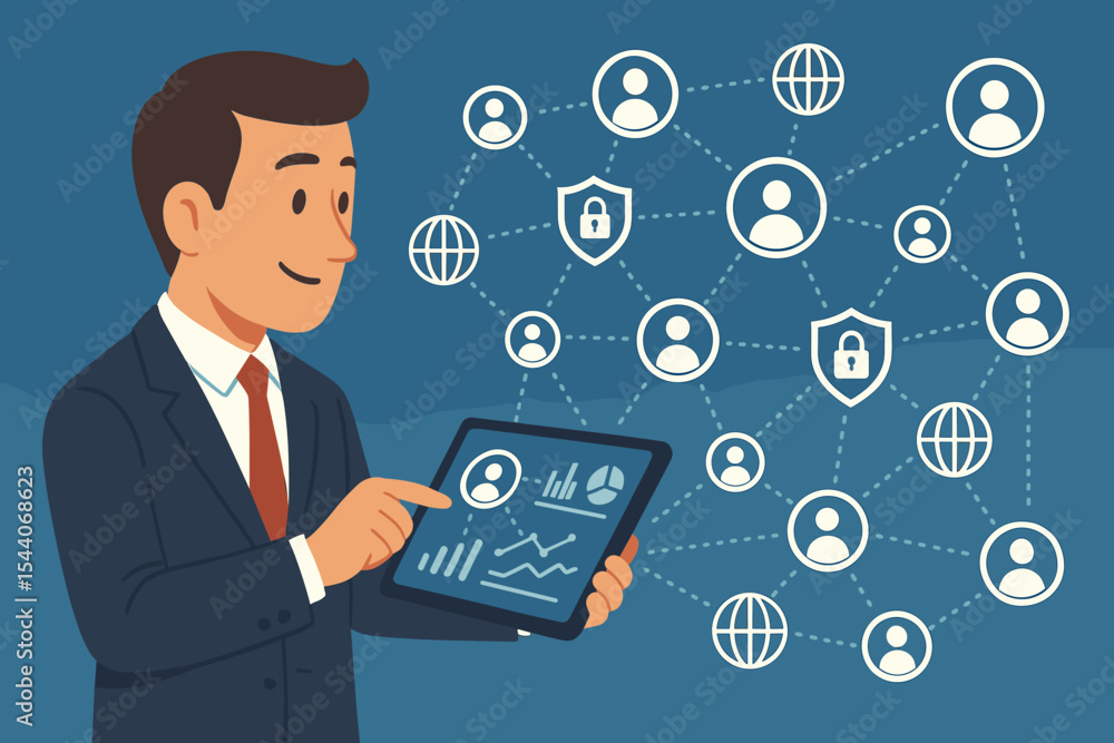Poster cybersecurity concept business analysis. businessman using tablet and analytics dashboard to monitor