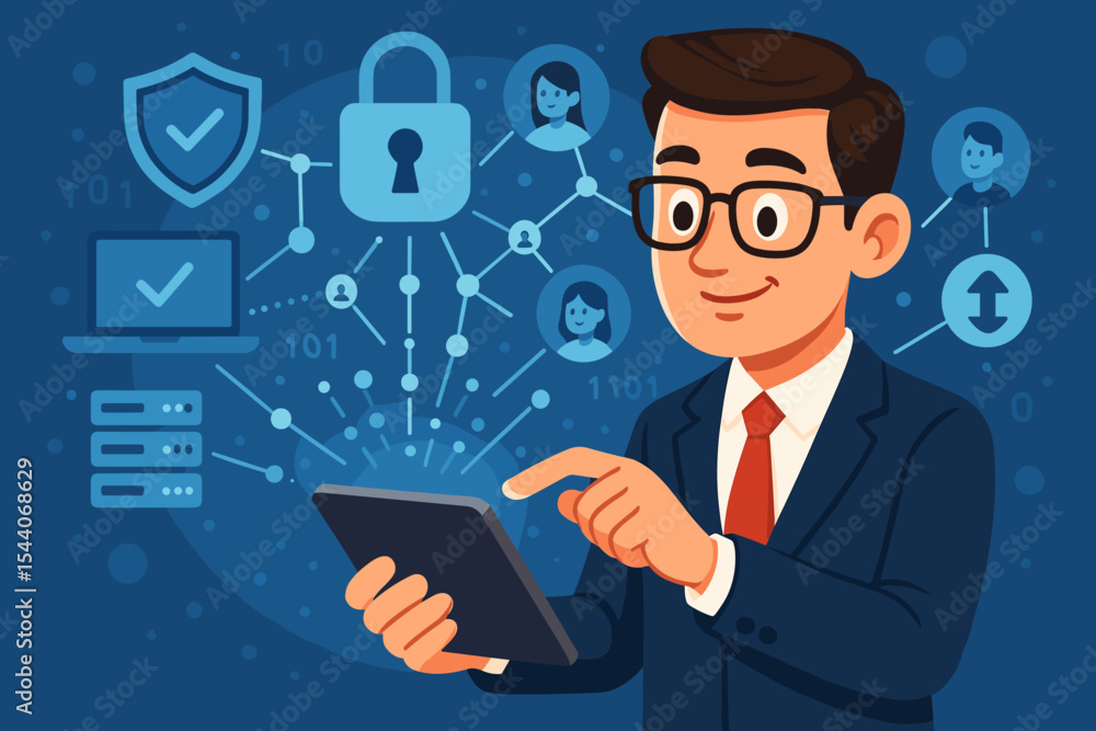 Poster cyber security businessman using digital tablet for data protection, network analysis, secure connec
