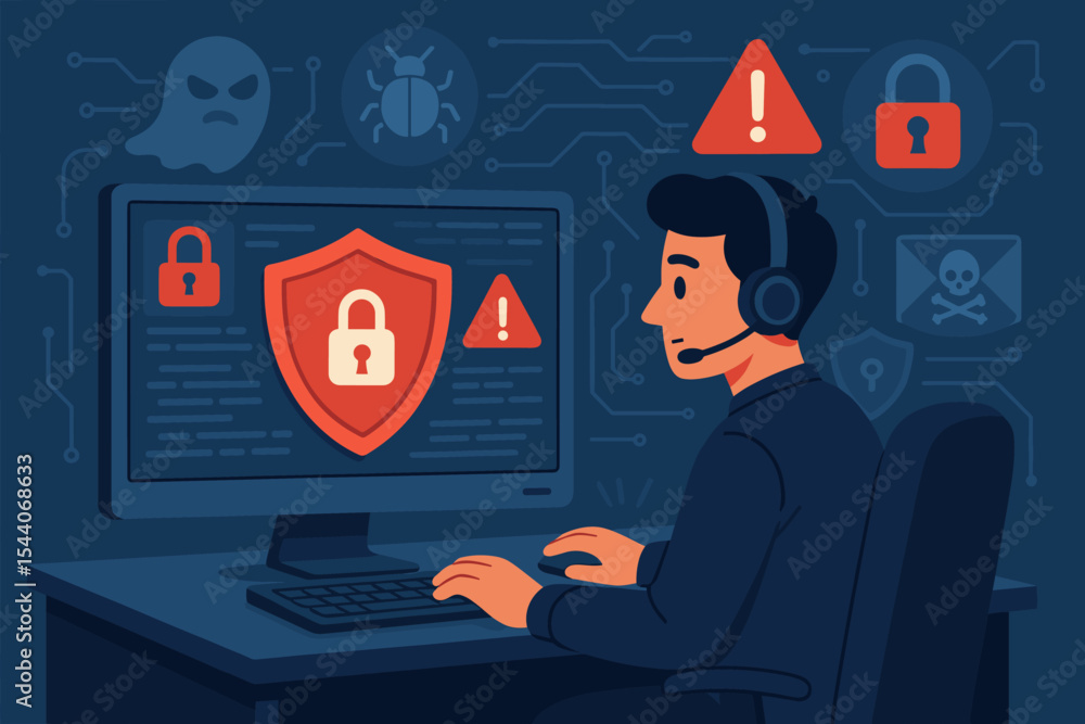 Poster cybersecurity specialist monitoring computer with shield padlock icons alert symbols digital threats