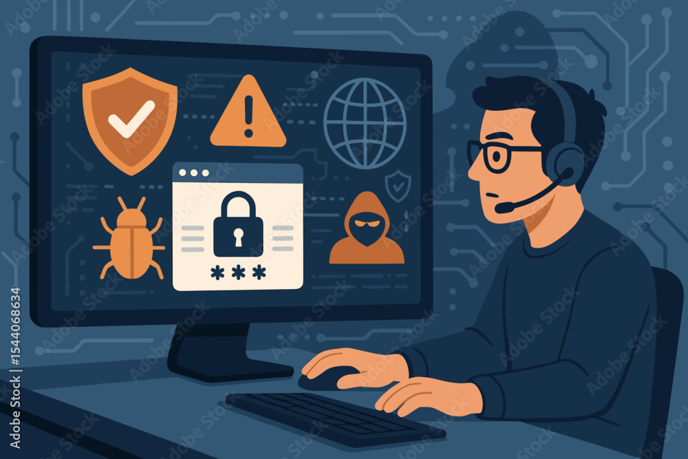 Poster cybersecurity analyst monitoring network security threats. hacker, malware bug, warning, shield, pad