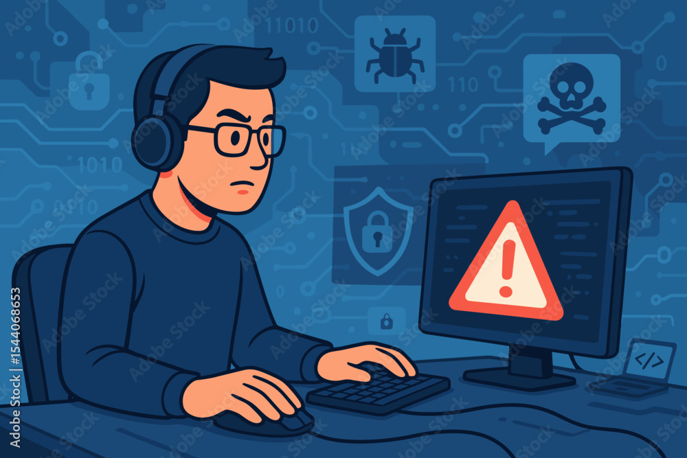 Poster cybersecurity analyst monitoring cyber threats at computer workstation. security alert, malware, hac